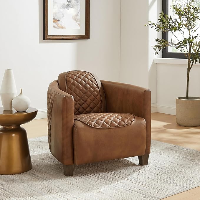 Zouron Genuine Leather Living Room Chair Mid Century Modern Single Sofa Chair with Wooden Legs Upholstered Barrel Accent Chair for Living Room Bedroom Home Office 1 Pcs Chocolate