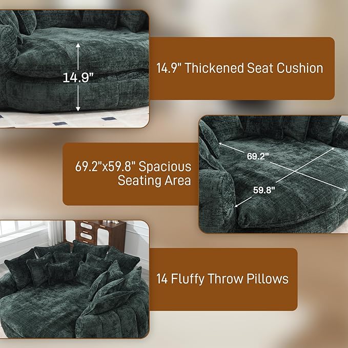 81 Round Sofa Bed Big Bean Bag Round Chaise Lounge Oversized Round Couch Boneless Reading Chair Plush Fluffy Chenille Large Chaise Chair for Living Room Bedroom Apartment Green