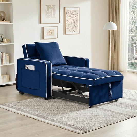 3 in 1 Velvet Sleeper Chair with Pull Out Bed Convertible Single Sofa Bed Futon Modern Tufted Chair with Adjustable Backrest Pullout Sleeper Sofa Chair for Bedroom Living Room Lounge (Blue)