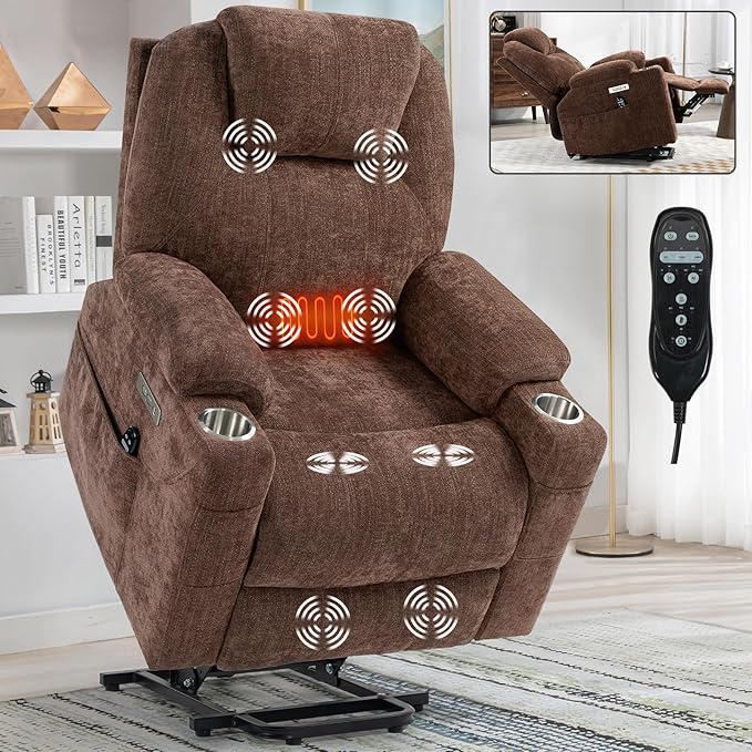 Chenille Electric Power Lift Recliner Chair Massage Single Sofa with Vibration Massage and Lumbar Heating Ergonomic Lounge Couch with Cup Holders and USB Charge Port for Living Room (Brown)