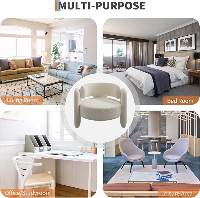 Cozy Oversized Barrel Accent Chair in Modern Mid-Century Boucle Chair Fabric Round Open Back Lounge Armchair for Reading Corner Bedroom Living Room and Apatment Decor Cream White