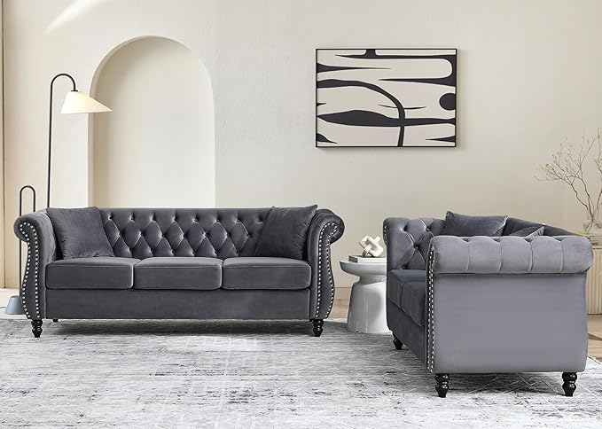 Chesterfield Sofa58 Button Tufted Velvet Couch with Rolled Arms&ampNailhead TrimComfy 2 Seater Loveseat SofaOversize Mid Century Modern Couch for Living RoomBedroomApartmentOffice(Grey)