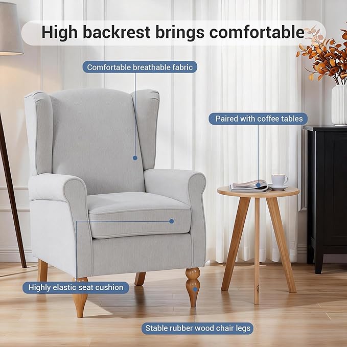 Modern Wingback Living Room Chair Upholstered Accent Armchair Single Sofa Chair with Lounge Seat and Wood Legs for Office/Bedroom/Reading Spaces Beige