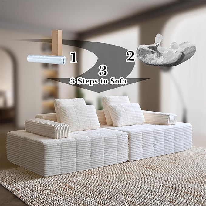 Modular Sectional Sofa with Movable Handrails Straight-Row Boneless Sofa Sectional Couch for Living Room Deep Seat Memory Foam Faux Rabbit Fur Fabric Sofa No Assembly Required (White)