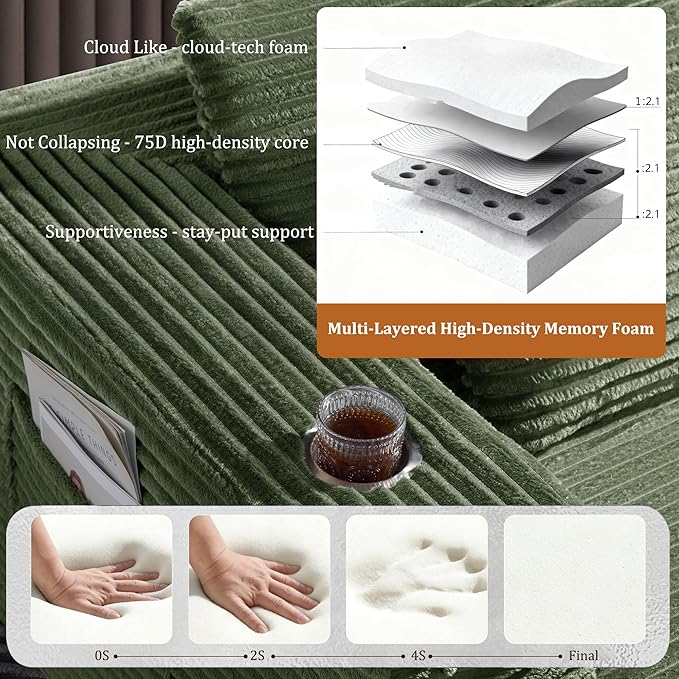 37 Cloud Sectional Couch Ottoman for Living Room Extra Deep Seats No Assembly Minimalist Modular Couch Corduroy (Olive Green Ottoman)