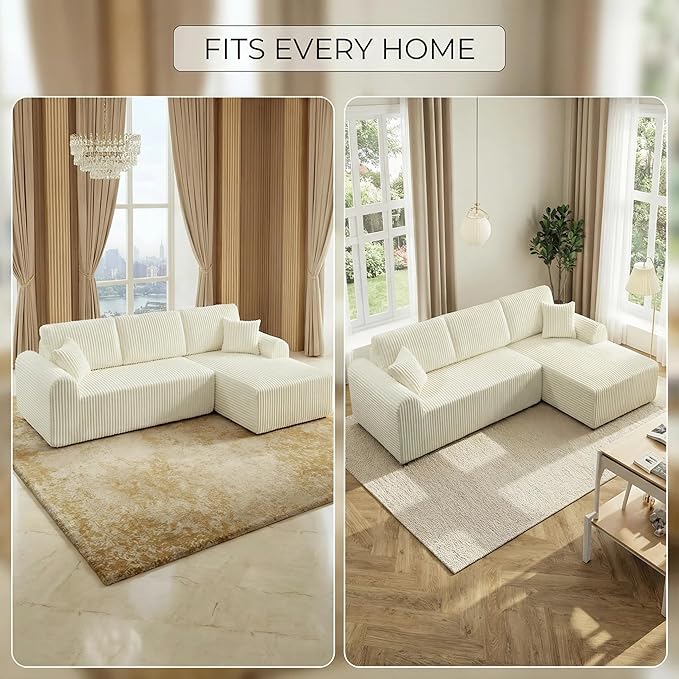 109“L-Shaped Sectional Sofa Boneless Couch Upholstery Cloud Modular Couch with Chaise No Assembly Required Corduroy Fabric Combination Deep Seat Living Room Bedroom(Cream Right Hand Facing)