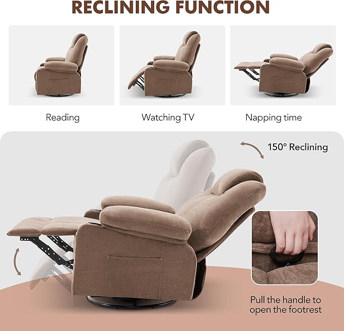 Swivel Rocker Recliner Chair with Heat and Massage 360 Degree Swivel Rocking Single Sofa with Cup Holders and USB Port Big Oversized Recliner Chair for Living Room (Fabric Brown)