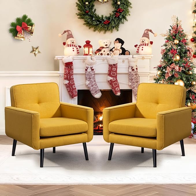 Accent Chair Set of 2 Fabric Modern Chair with Wooden Frame Cozy Armchair Reading Chair with Comfy Back for Apartment Living Room Bedroom Waiting Room Small Space Corner Yellow