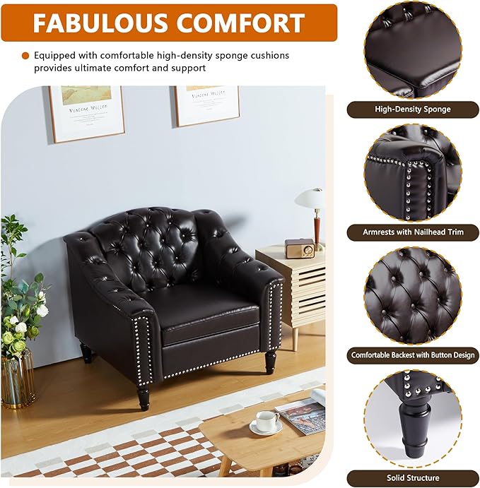 AVZEAR Chesterfield Sofa Chair Mid-Century Modern Armchair PU Fabric Single Sofa Chair with Nailhead Trim and Button Tufted for Living Room Office Bedroom Brown