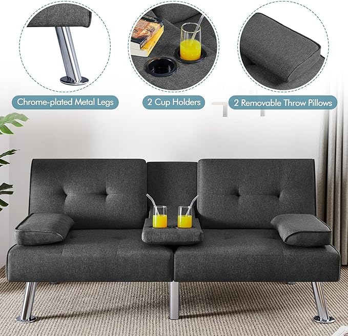 Anwick Futon Sofa Bed Modern Folding Couch for Small Space Linen Convertible Loveseat Sleeper Bed Daybed Recliner Lounge Sofas for Living Room2 Cup HoldersMetal LegsRemovable Armrests (Dark Gray)
