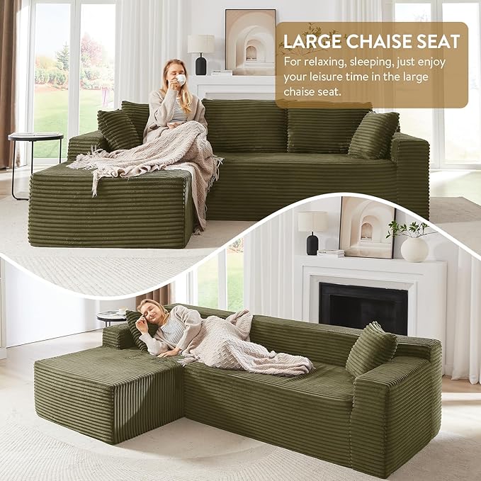 Cloud Sectional Couch with L-Shape Chaise105 Modern Minimalist Modular Sectional Sofa Fluffy Corduroy Upholstered Couches for Living Room No Assembly Required (Green Left Facing Chaise)
