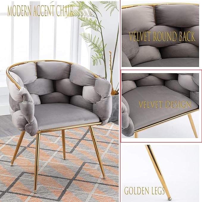 Luxury Velvet Accent Chair with Gold LegsModern Stylish Cosmetic Chair for Desk Living Room or BedroomComfortable Single Sofa Chair for Home Office (Gray)