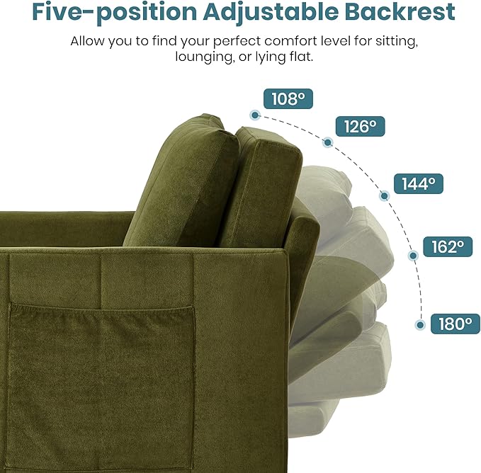 Merax Convertible Chair Bed 3-in-1 Pull Out Sleeper Couch with Adjustable Backrest Side Pockets and a Storage Basket Chenille Folding Sofa Bed for Living Room Apartment Green