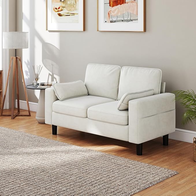 KINTNESS 56” Modern Loveseat Sofa 2-Seater Sofa Couch with Deep Seat &amp Armrest Pillow Sectional Sofa Loveseat for Bedroom Living Room Removable Covers Ergonomic Height Non-Slip Off-White