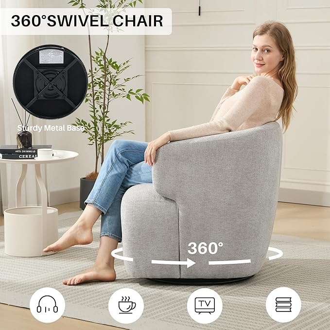 Swivel Accent Chair Chenille Barrel Chair for Living Room Cozy Round Boucle Arm Chair Metal Base for Club Nursery Bedroom Light Grey