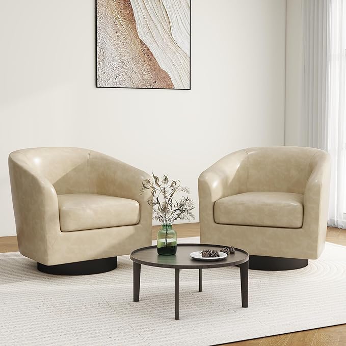 Swivel Barrel Accent Chair Modern Round Faux Leather Arm Chair for Living Room Bedroom Comfy Club Reading Chairs for Adults(Faux Leather Cream Set of 2)