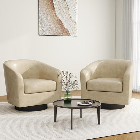 Swivel Barrel Accent Chair Modern Round Faux Leather Arm Chair for Living Room Bedroom Comfy Club Reading Chairs for Adults(Faux Leather Cream Set of 2)