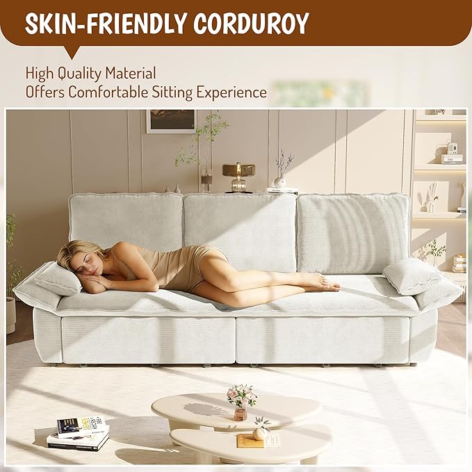 KEIKI 94.5 King-Size 3-in-1 Convertible Sleeper Sofa Oversized Pull-Out Couch with Cloud-Style Deep Seat Corduroy Reclining Loveseat for Home Theater &amp Family Living