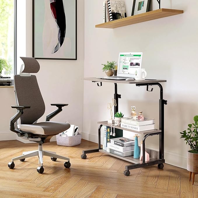 31.5'' Standing Desk Small Computer DeskSmall Office Desk for Bedroom with 3 USB + 2 AC OutletsCorner Desk for Small SpaceMini Adjustable Desk Stand Up Desk Laptop DeskPortable Rolling DeskGrey