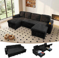 Modular Sectional Sleeper Sofa with Pull Out Bed Plush Corduroy U Shaped Couch with Storage Chaise USB Ports Cup Holders Comfy Cloud Couches for Living Room Black