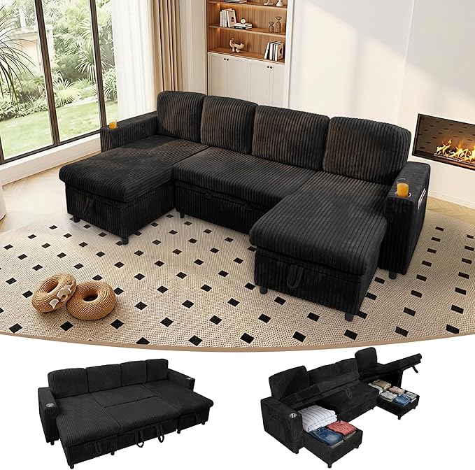 Modular Sectional Sleeper Sofa with Pull Out Bed Plush Corduroy U Shaped Couch with Storage Chaise USB Ports Cup Holders Comfy Cloud Couches for Living Room Black