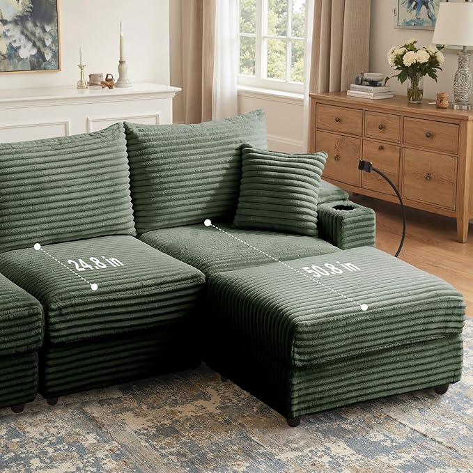 69.5 Modular Sectional Sofa L-Shaped Couches for Living Room Comfy Cloud Couch with Ottoman Convertible 3 Seats Deep Seat Sofas Green Corduroy Couch with Charger Cup Holders &amp Armrest Storag