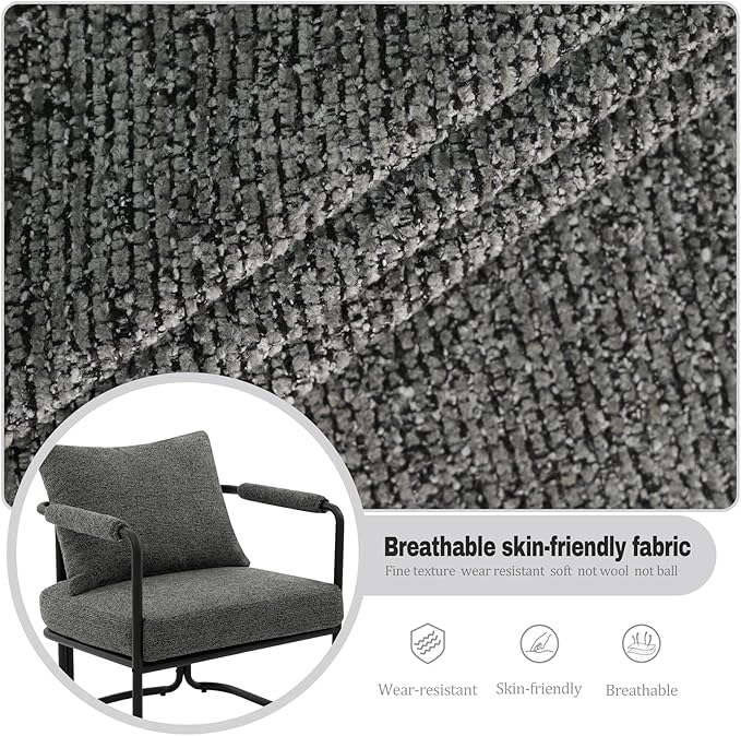 Single Accent Chair for Living Room Mid Century Modern Upholstered Reading Armchair for Bedroom Office with Comfy Chenille Cushion &amp Metal Frame Dark Grey
