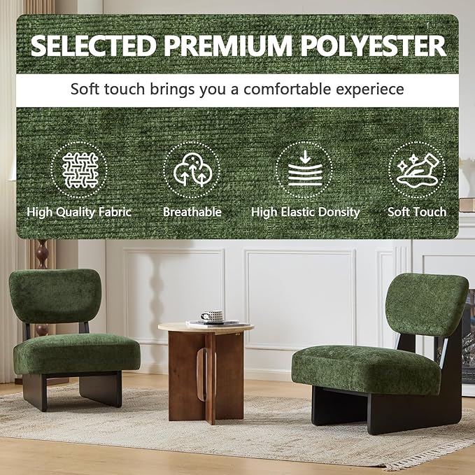 Green Accent Chair Set of 2 for Small Spaces Armless Accent Chair for Bedroom Side Chairs &amp Comfy Chairs for Living Room Wood Base Comfy Cushion Bedroom Office (Black+Green)