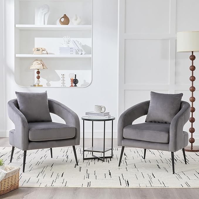 Modern Minimalist Style Open Back Accent ChairVelvet Barrel Dining Chair with Metal LegsComfortable Upholstered Single Sofa for Living RoomBedroomReceptionDining RoomCharcoal