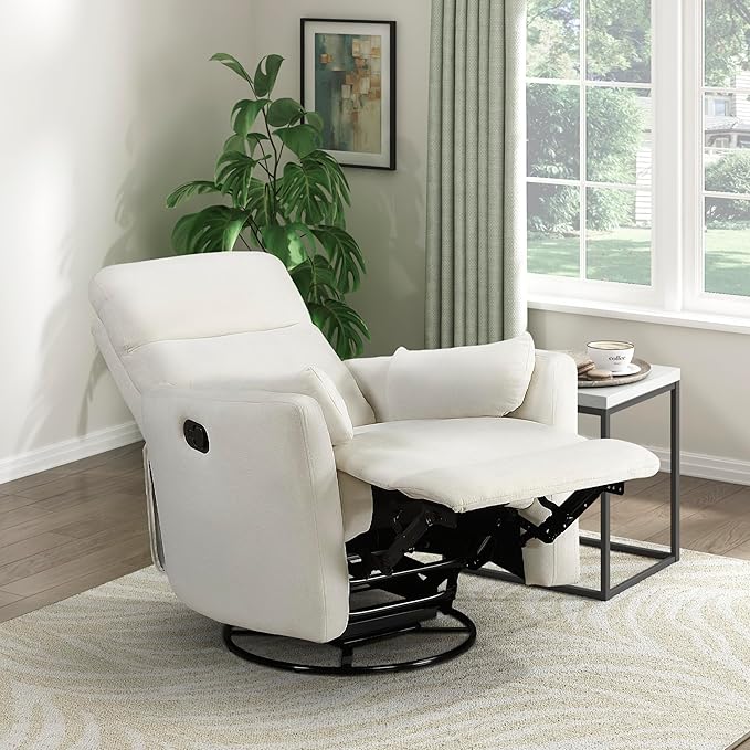 Lexicon Modern Swivel Glider Recliner Chair - Quiet 360 Swivel Chair Durable Microfiber Upholstered 2 Pillows Manual Reclining for Living Room Small Spaces Nursery Apartment Bedroom Beige