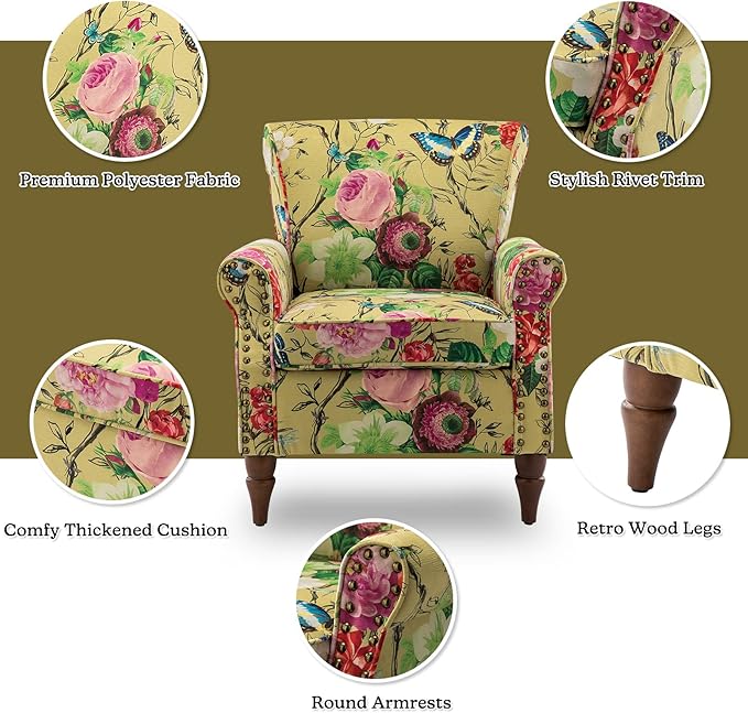 HULALA HOME Modern Wingback Accent Chair with Wood Legs &amp Removable Cushion Comfy Upholstered Armchair with Nailhead Trim Floral Pattern Single Sofa Chair for Living Room Bedroom Mustard
