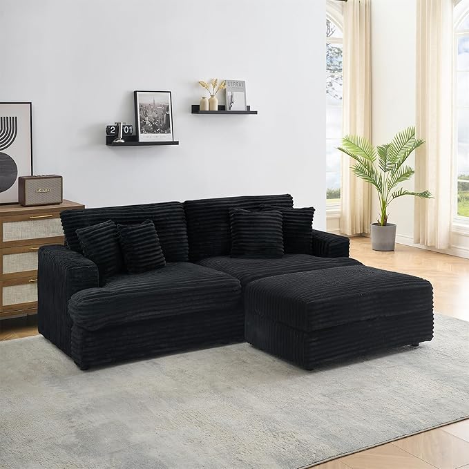 82 Inches Corduroy Square Arms Loveseat Sofa with One Storage Ottoman Comfy Deep Seat Modular Sectional Futon Couch with 4 Throw Pillows for Living Room Bedroom Office (Black)