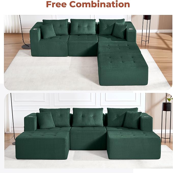 100 U Shaped Modular Sectional Sofa Oversized 5-Seater Boneless Tufted Cloud Couch with Cup Holder and Movable Ottoman Corduroy Upholstery Couches for Living Room No Assembly Green