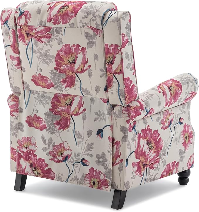 Pushback Recliner Chair Upholstered Armchair Wingback Recliner Chair Floral Fabric Push Back Recliner with Wood Legs Rivet Trim Single Sofa Accent Chair for Living Room Bedroom Pattern White