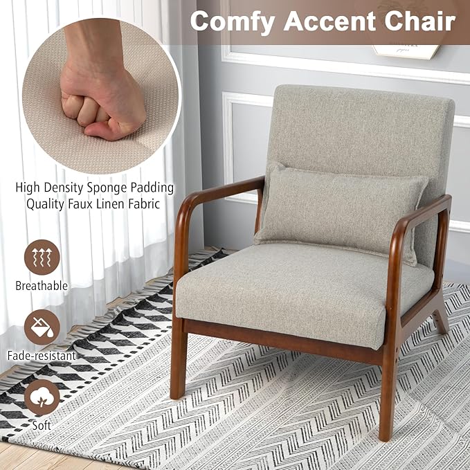 GORELAX Mid Century Modern Accent Chair Upholstered Lounge Armchair with Wood Frame &amp Lumbar Pillow Comfy Reading Chair for Living Room Bedroom Office (2 Grey)