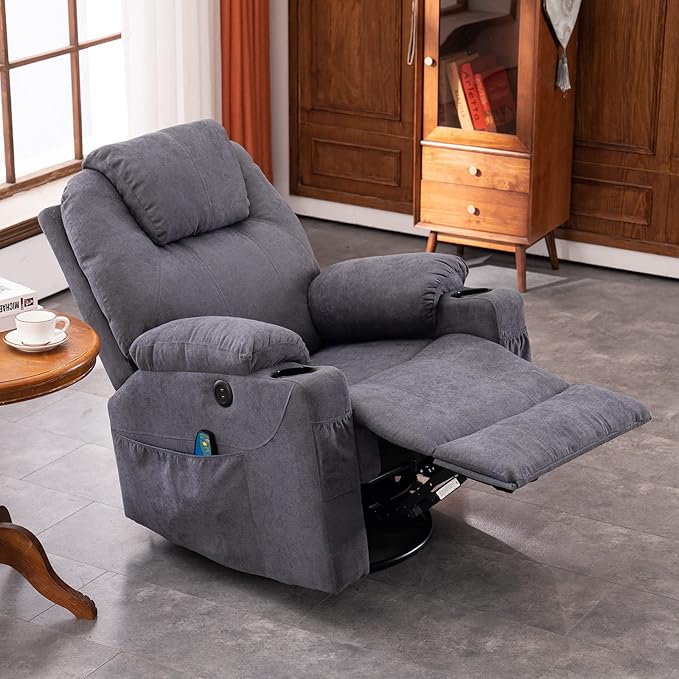 Manual Swivel Rocker Recliner Chair with Heated Massage Ergonomic Lounge 360° Glider Rocking Fabric Lounge Chair Sofa Seat with 2 Cup Holders Side Pockets &amp USB Ports for Living Room Grey