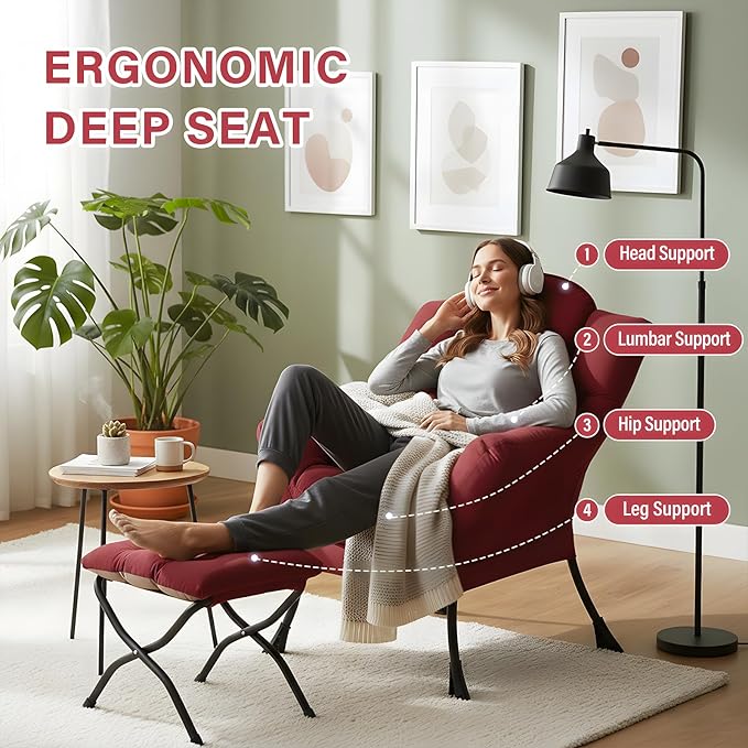Lazy Chair with Ottoman Comfy Fabric Accent Lounge Armchair with Lumbar Pillow and Folding Footrest Reading Leisure Sofa Chair for Bedroom Living Room DormBurgundy