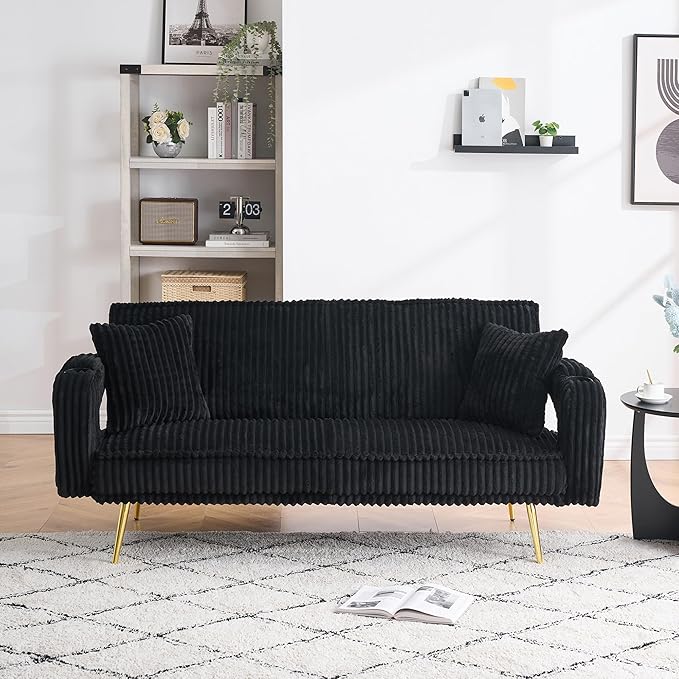 73 Convertible Futon Sofa BedModern Corduroy Sleeper Couch with 3 Reclining BackrestsGolden Chrome LegsComfy Cloud Sofa Loveseat for Small Living Room Bedroom Office (Black)