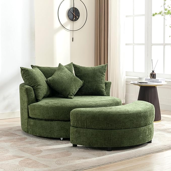 Accent 360° Swivel Barrel Chair with Storage Ottoman &amp 4 Pillows Modern Oversize Round Swivel Leisure Arm Chair for Living Room Hotel Club Lounge Chair Chenille Green…