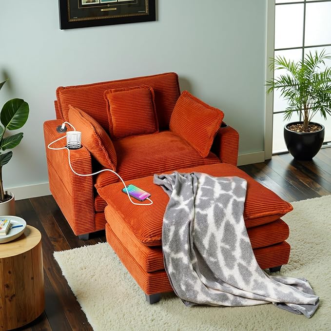 Oversized Chair with OttomanOversize Chaise LoungeReading Boneless Sofa BedChaise Lounge Chair Indoor with Side PocketSleeper Couch with USB&ampCup HolderCorduroy Sofa Couch for Living Room (Ora