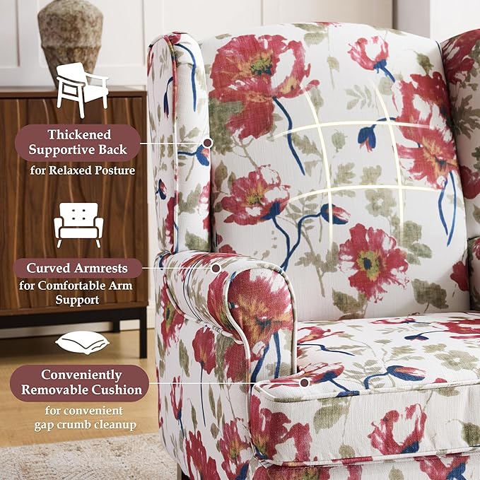 EROMMY Floral Accent Chair Comfortable High Back Upholstered Armchair with Solid Wood Legs Leisure Single Sofa Chair for Living Room Bedroom Home Office Pink Floral