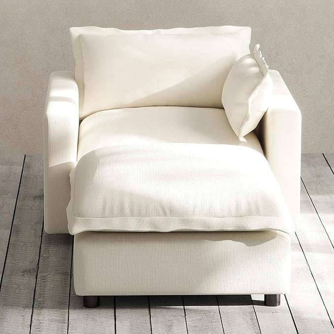 Modern Couch Modular Sectional Sofa Single Sofa Accent Chair with Ottoman for Living Room Bedroom Study Reading Corner Linen Fabric-White