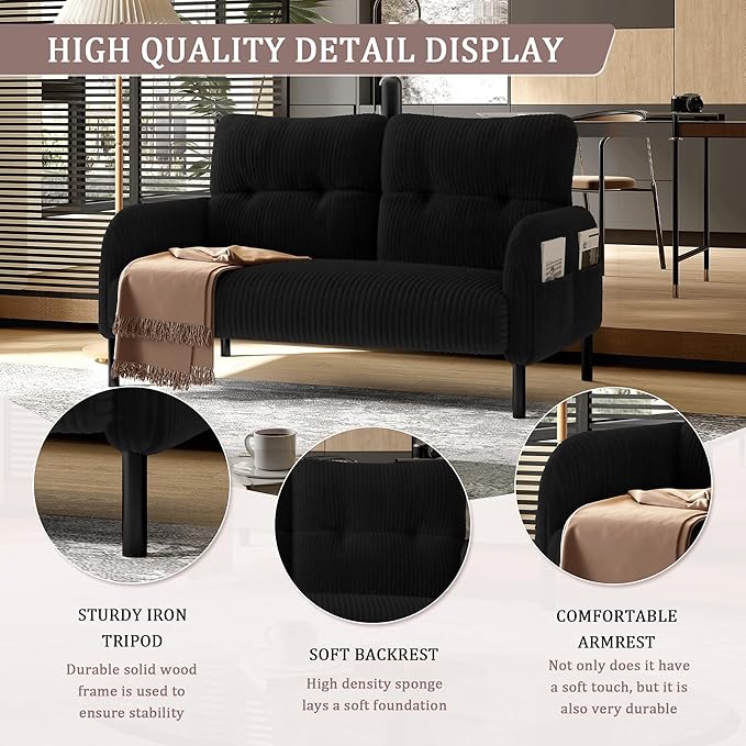 47 Loveseat Sofa Small Couches for Small Spaces Comfy Corduroy Solid Wood Frame Modern Deep Seat 2 Seater Couch with Side Pockets for Bedroom Living Room Apartment Office (Black)