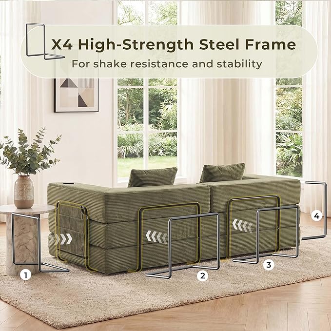 WELAX 72.8 Convertible Sleeper Sofa Bed Boneless Cloud Queen Futon Couches with Cupholders &amp Storage Pockets Corduroy Folding Floor Couch for Bedroom Apartment No Assembly Forest Green