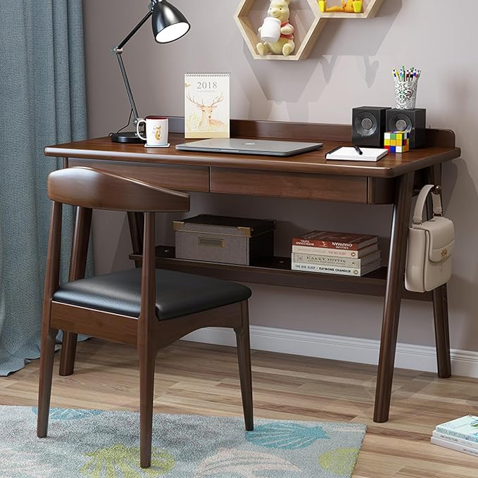 Writing Desk with 2 Drawers and Storage Shelf Modern Simple Solid Wood Writing Study Desk Workstation Home Office Desk(39Inch Walnut)