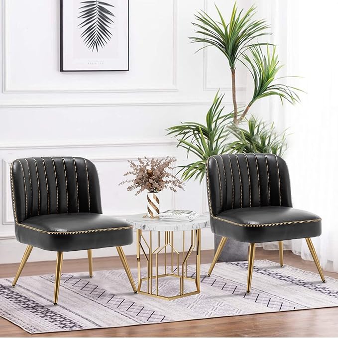 Andeworld Modern Accent Chair Set of 2 Upholstered Leather Living Room Chairs Elegant Armless Cute Small Side Club Chair with Golden Legs for Bedroom-Black