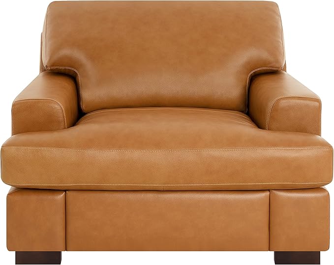 Siggy 400 LBS Capacity Genuine Leather Accent Chair – Goose Feather Cushion Filling for Cloud-Like Comfort Easy Assembly Tan Mid-Century Modern Single-Seat Sofa for Living Room