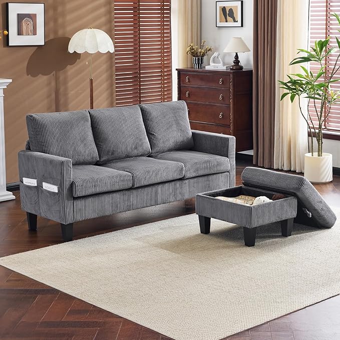 VINGLI 68.5' L Shaped Couch with Removable Storage Ottoman Convertible Sectional Sofa in Corduroy Fabric Modern Reversible Chaise Couch for Small Spaces Apartment Living RoomGrey