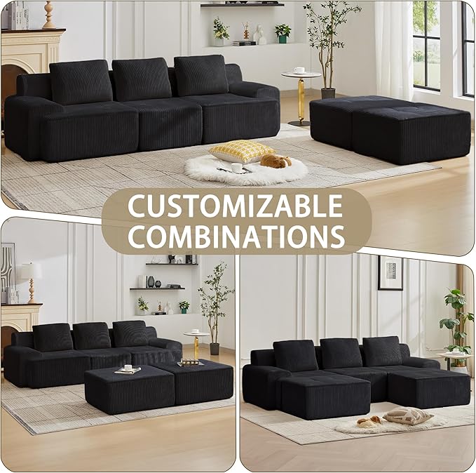 Modular Sectional Sofa with Movable Ottoman 3 Seat Deep Seat Couch with 3 Pillows Comfy Cloud Sectional Sofa for Living Room Bedroom and Apartment (Black 1 Left+1 Right+1 Middle+2 Ottoman)