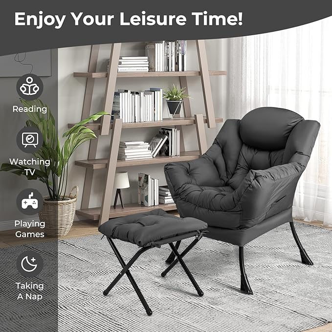 KOMFOTT Lazy Chair with Ottoman Leisure Upholstered Reading Sofa Chair with Armrests &amp Side Pocket Modern Lounge Accent Chair with Folding Footrest for Living Room Bedroom Balcony Grey
